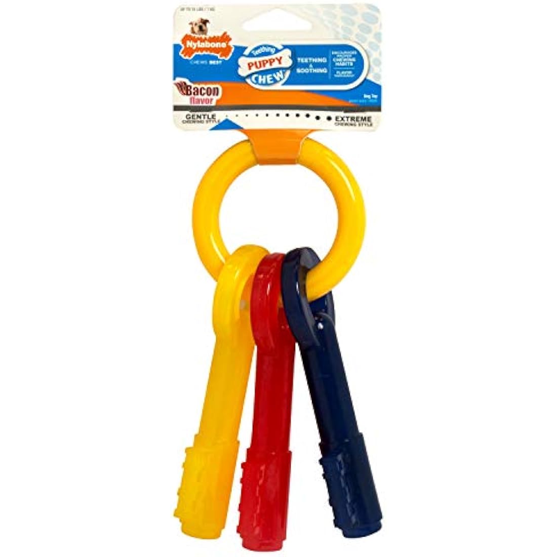 Nylabone Puppy Teething Chew Toy Keys in bacon flavour extra small size shown on a white background