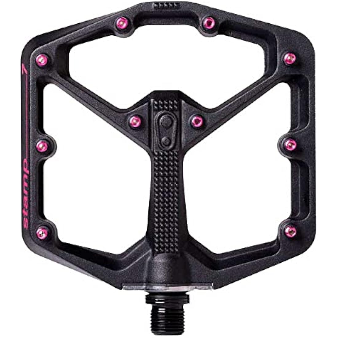 Crankbrothers Stamp MTB Platform Pedals Aluminum 6061-T6 in Black — size-specific concave platform with 10 adjustable pins per side 11-13mm thin profile and premium bearings for mountain bike trail riding