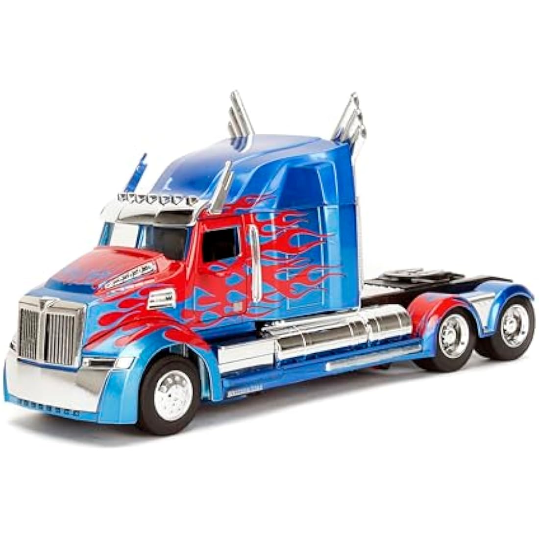Jada Toys Transformers Western Star 5700 XE Phantom 1:24 diecast model in blue and red showing the detailed cab and truck body on a display surface