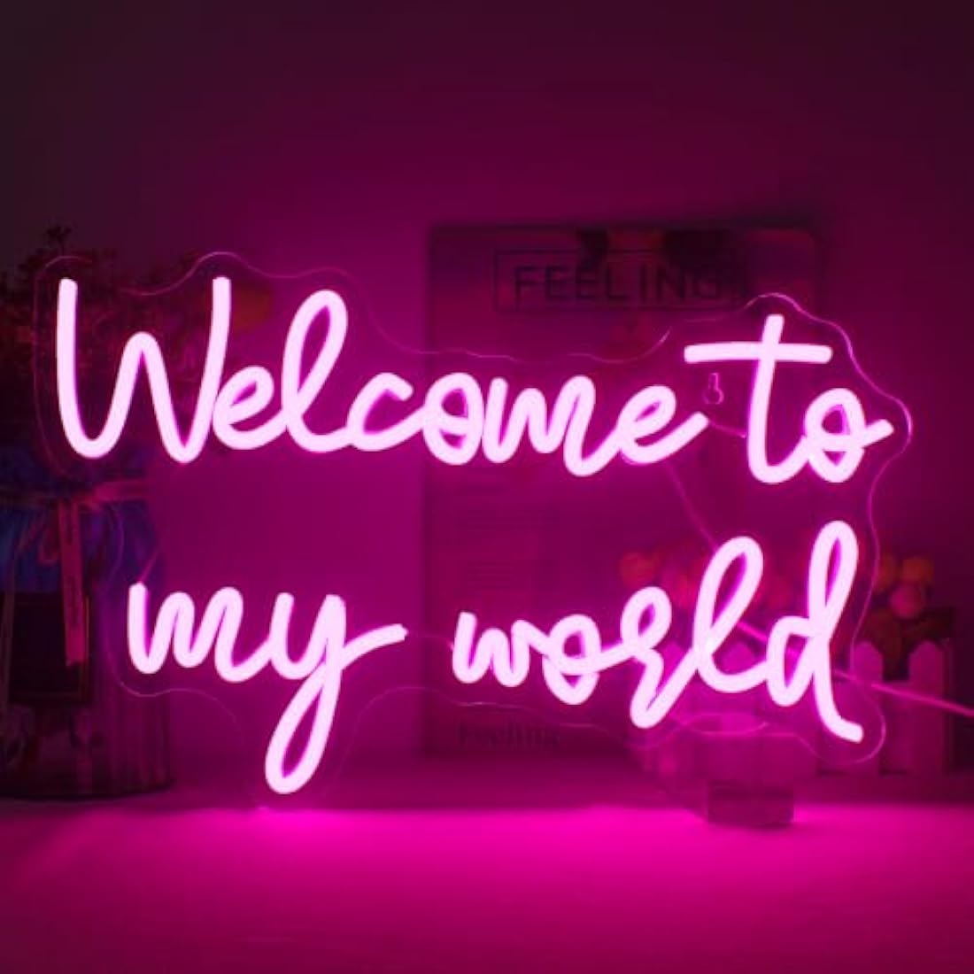 LUCUNSTAR Welcome To My World Neon Sign in Pink — LED acrylic neon sign with USB connection for bedroom window playroom and living room wall decor with safe touch design and energy efficient LED strips