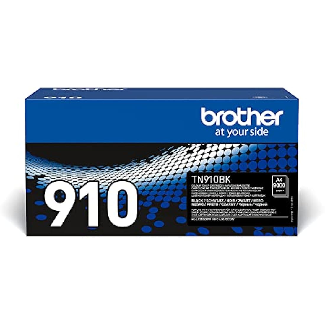 Brother TN-910BK Black Toner Cartridge ultra high yield 9000 pages in retail packaging on a desk beside a Brother laser printer