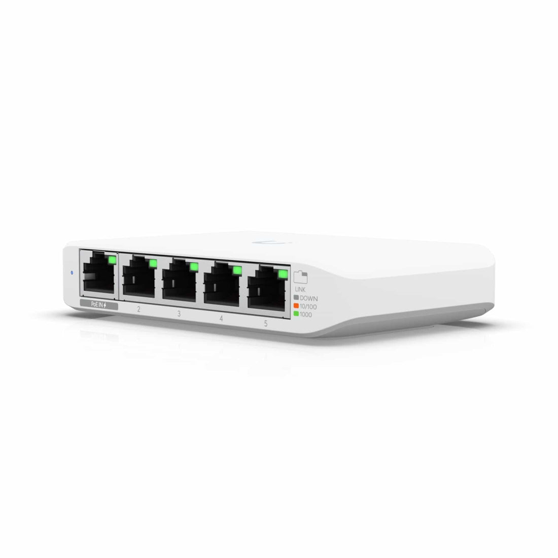 Ubiquiti UniFi USW-Flex-Mini 5-Port Managed Gigabit Ethernet Switch – compact white switch shown from above displaying five RJ45 ports and clean minimal design