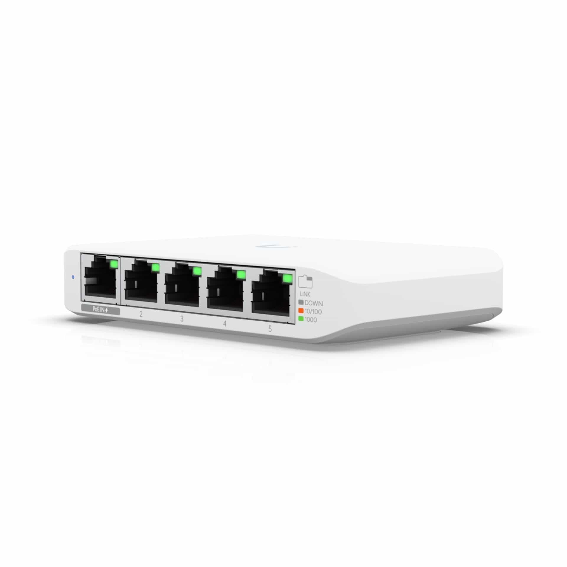 Ubiquiti UniFi USW-Flex-Mini 5-Port Managed Gigabit Ethernet Switch – compact white switch shown from above displaying five RJ45 ports and clean minimal design