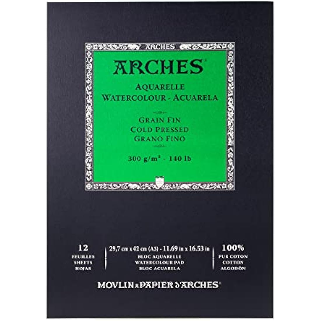 Arches watercolour pad cold pressed 300 GSM A3 12 sheets shown in packaging, professional cotton watercolour paper pad for artists