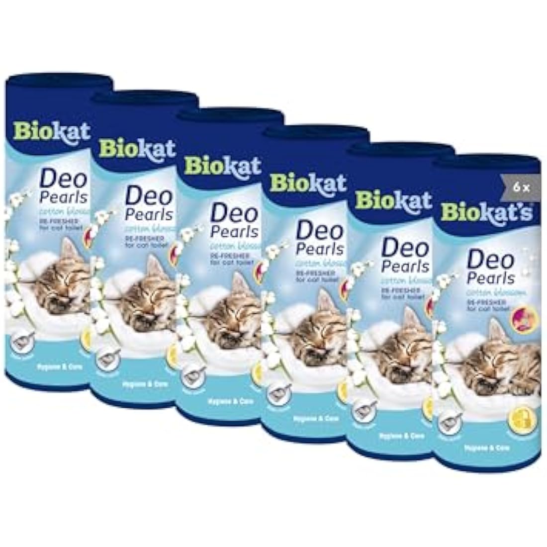 Biokat's Deo Pearls Cotton Blossom scented cat litter additive 700g tube shown, 6-pack for freshness and solid clumps in the litter tray