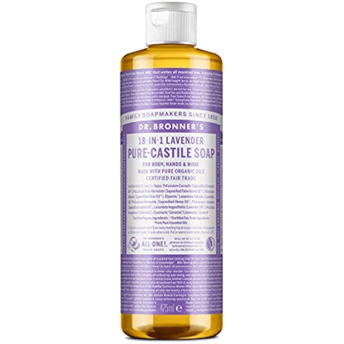 Dr Bronner's Pure Castile Liquid Soap Lavender Natural Cleanser 475ml — concentrated pure castile formula with natural lavender essential oils for body wash hand wash and multi-purpose household cleaning