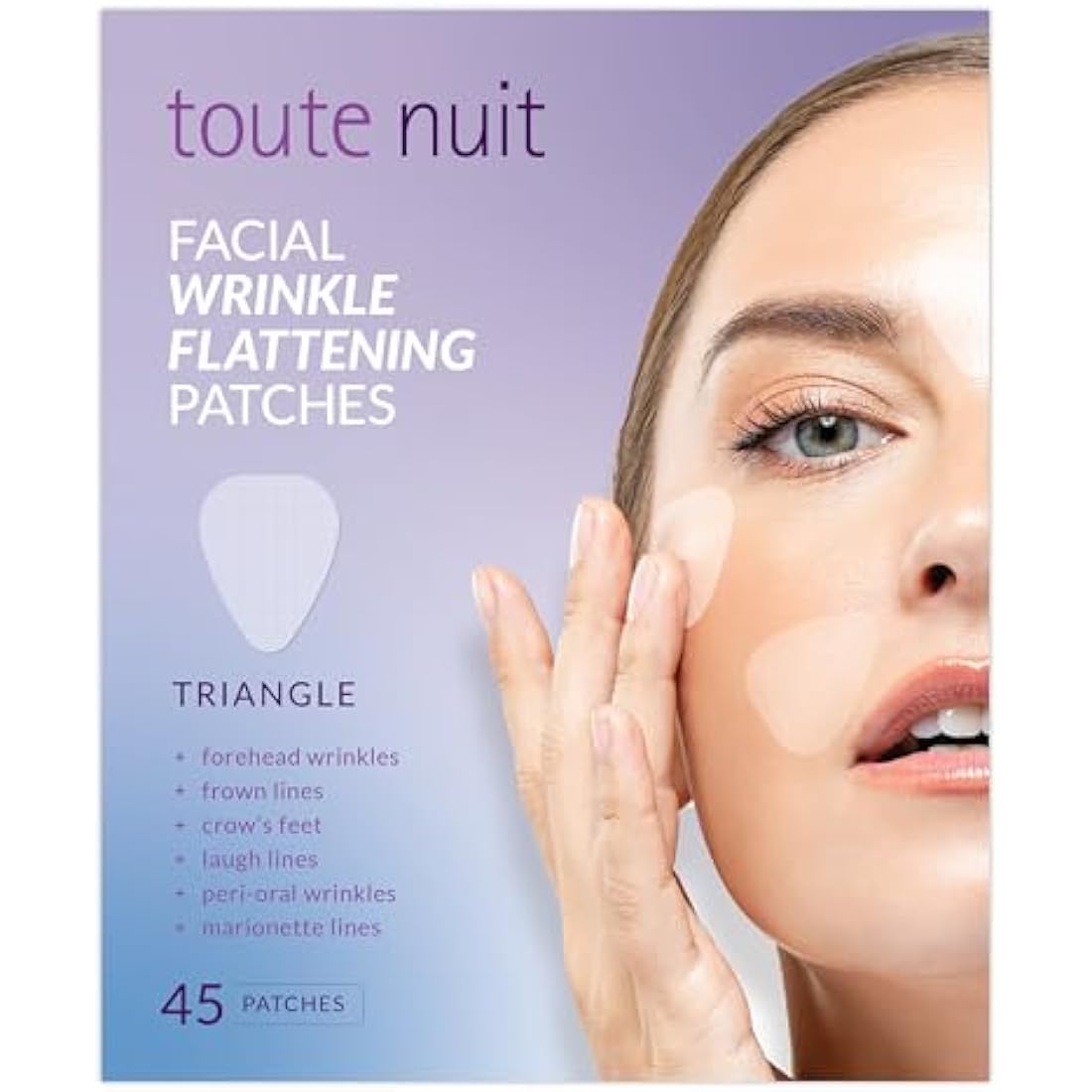 Toute Nuit Facial Wrinkle Flattening Patches — triangle face tape pack of 45 patches for forehead, eyes and lips, shown in product packaging