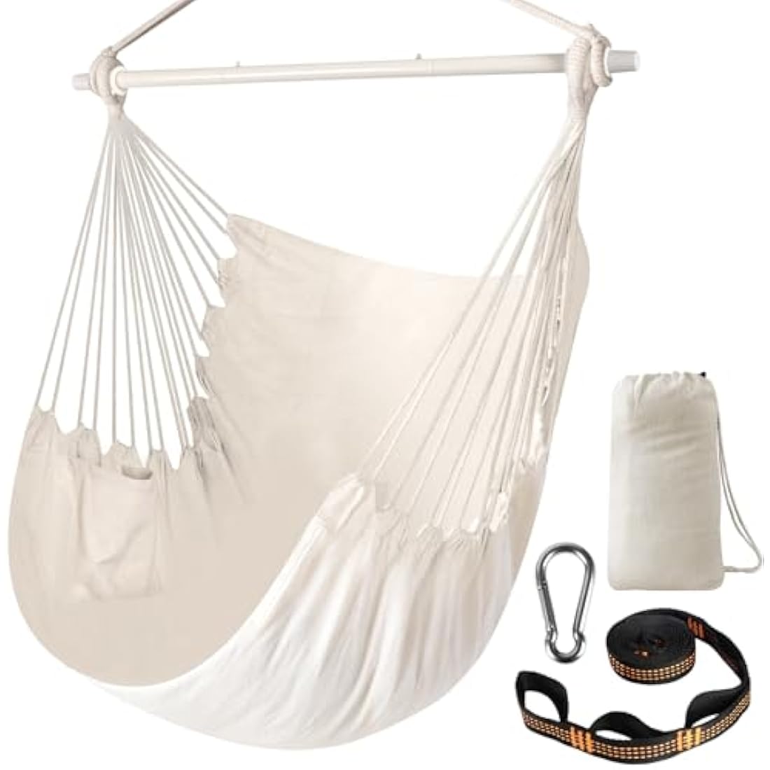Chihee Hammock Chair Portable Hanging Swing with Metal Spreader Bar — cotton blend swing chair with collapsible spreader bar strong strap and iron carabiner supports up to 500lbs for indoor and outdoor use