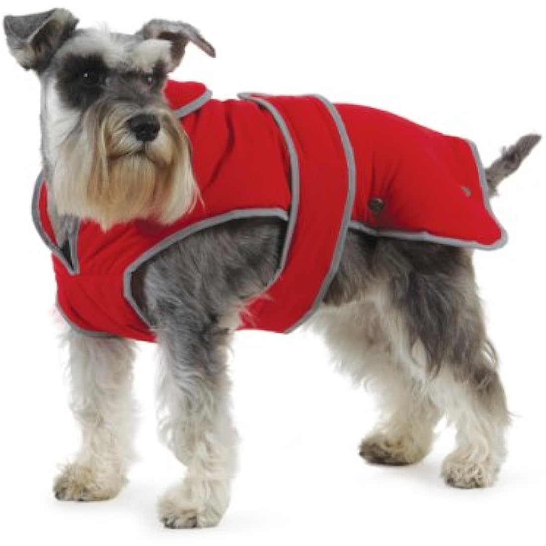 Ancol Muddy Paws Stormguard dog coat in poppy red shown on a large dog, waterproof fleece-lined jacket with chest protector and elasticated leg straps