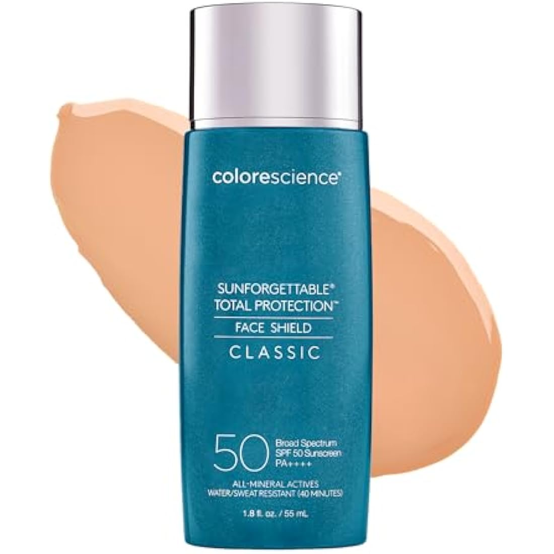 Colorescience Total Protection Face Shield SPF 50 Mineral Sunscreen bottle in white with pump dispenser on a clean white surface