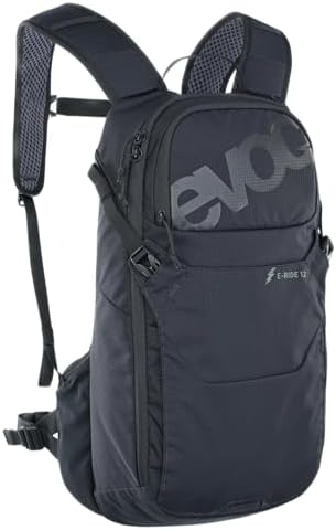 EVOC E-RIDE 12 Bike Backpack in black showing the 12L e-bike specific trail pack with ergonomic carrying system and dedicated battery compartment
