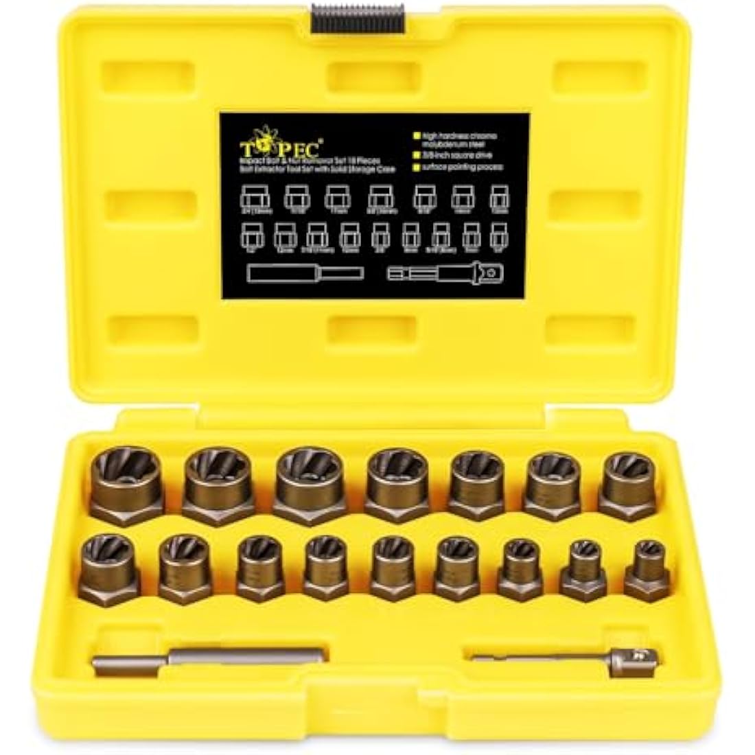 TOPEC 18-Piece Bolt Extractor Set showing the complete kit with chrome molybdenum steel reverse spiral flute extractors in metric and SAE sizes from 1/4 inch to 3/4 inch 19mm with 3/8 inch impact rated square drive and black oxide finish
