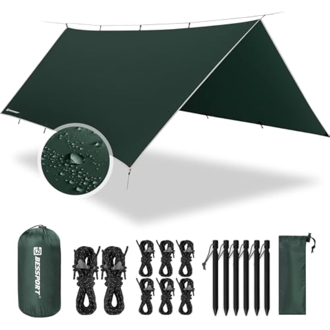 Bessport Waterproof Camping Tent Tarp 3x4m PU3000mm ripstop with 6 aluminium stakes and 8 nylon ropes – hammock rainfly and camping shelter