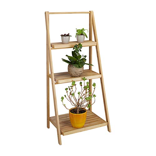 Relaxdays Bamboo Flower Stand – 3-tier foldable plant ladder shelf in natural bamboo, fully assembled and styled with potted plants