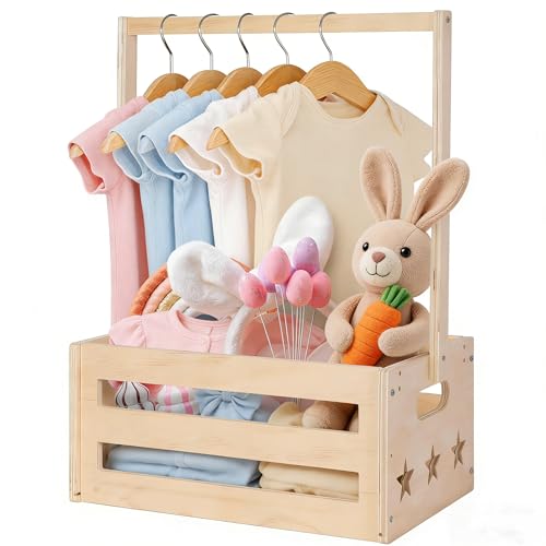 XQLY Wooden Shower Crate Closet with hanging rod and storage basket – rustic hardwood nursery storage for new parents