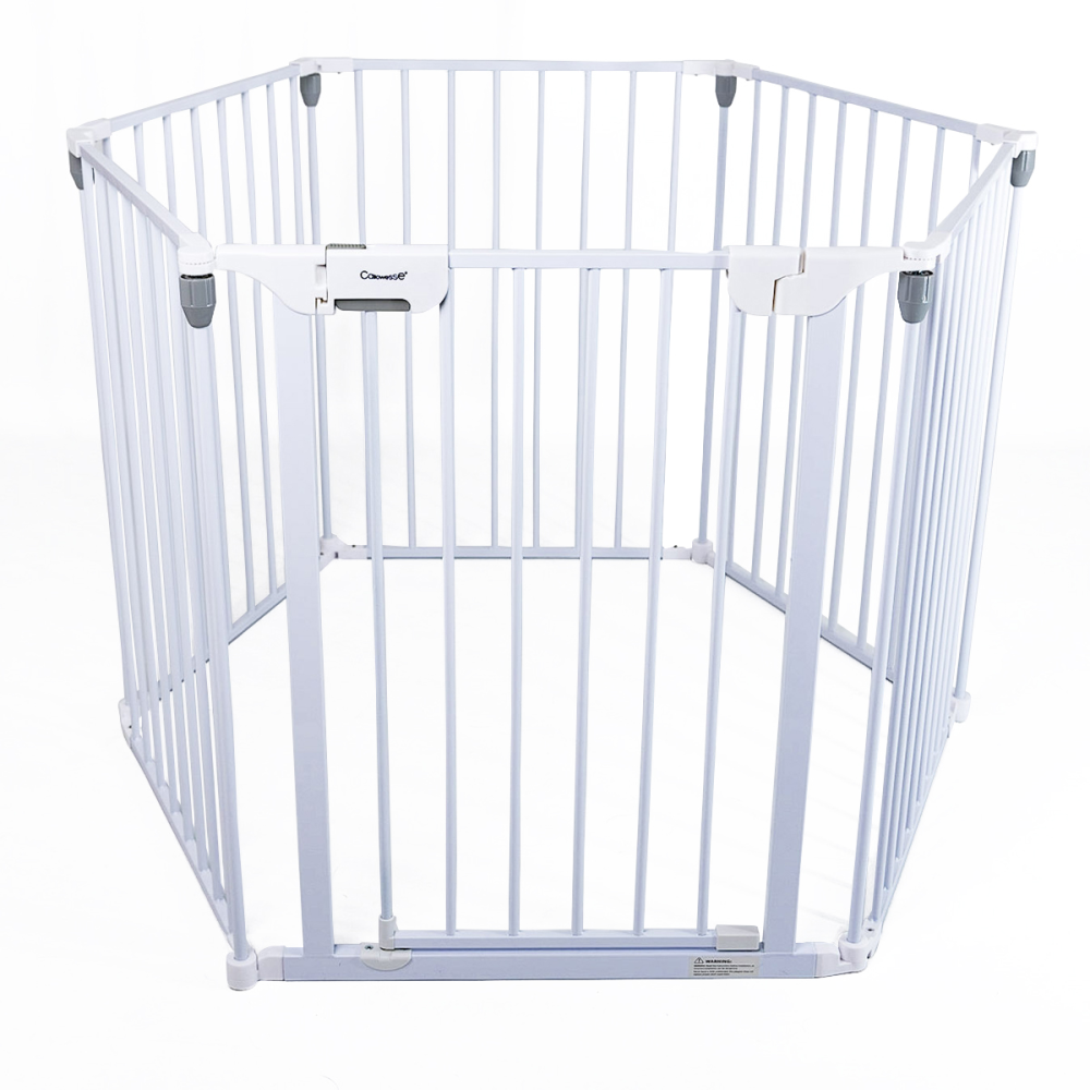 Callowesse Multi-Gate Playpen Room Guard White — hexagonal 6-sided baby playpen with entry gate, EN1227:2010 certified, suitable for 6-24 months