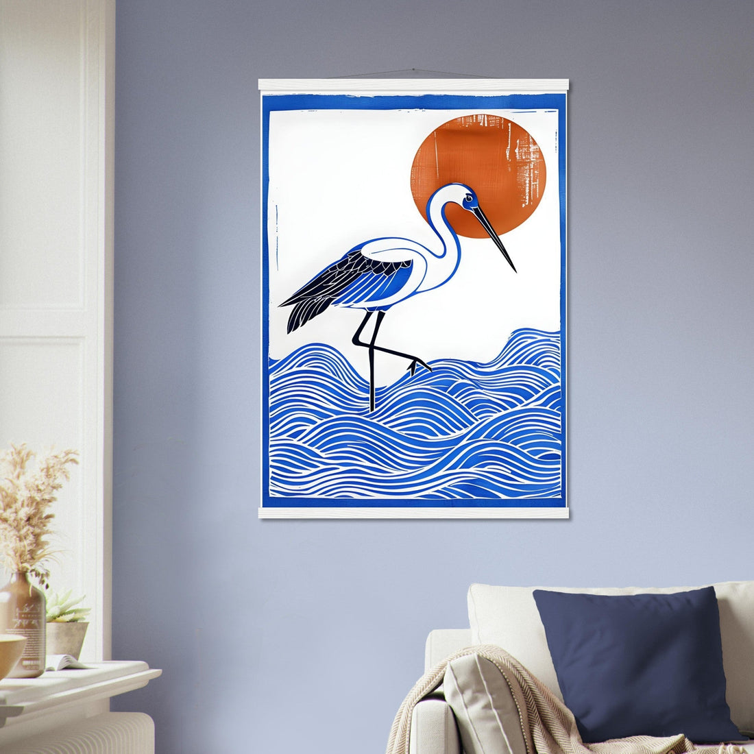 Minimalist Crane Wall Art Poster with Hanger – Japanese-Inspired Home Decor That Arrives Ready to Hang