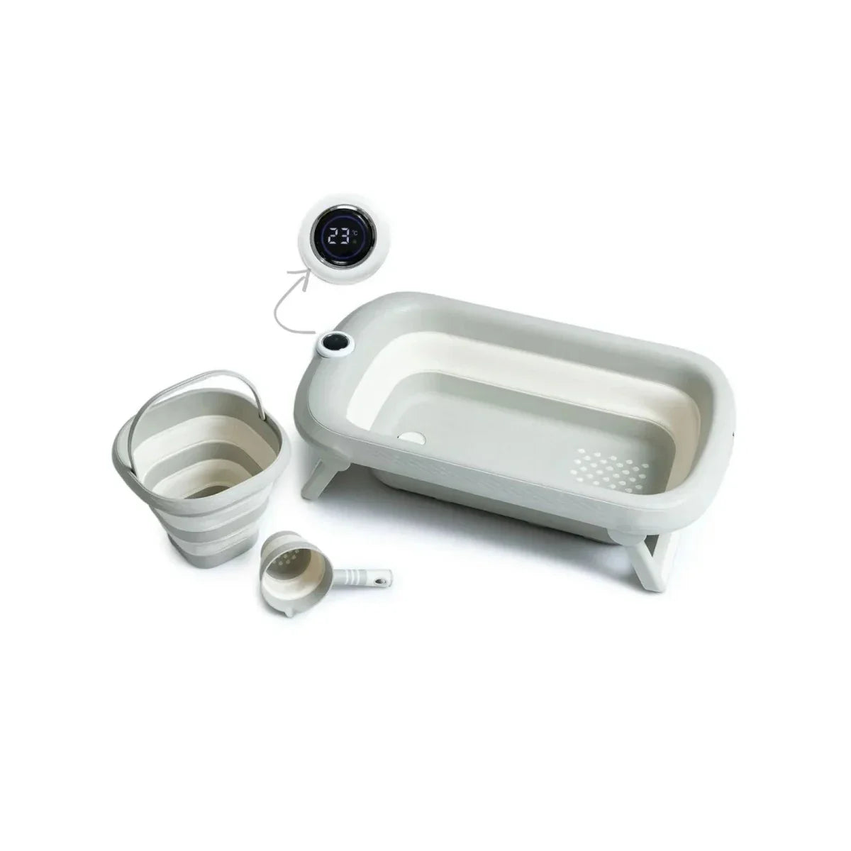 baby plus Bath Tub with Thermometer Set 3 pcs — foldable 45-litre BPA-free baby bath tub with integrated thermometer indicator, 10L water bucket and 1L scoop for newborns