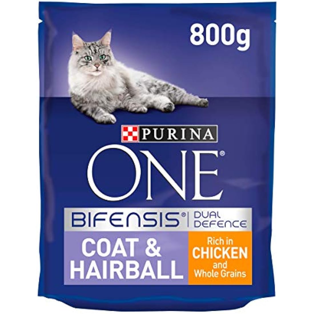 Purina ONE Coat & Hairball Dry Cat Food – Chicken 800g Pack of 4, shown in packaging on a clean surface