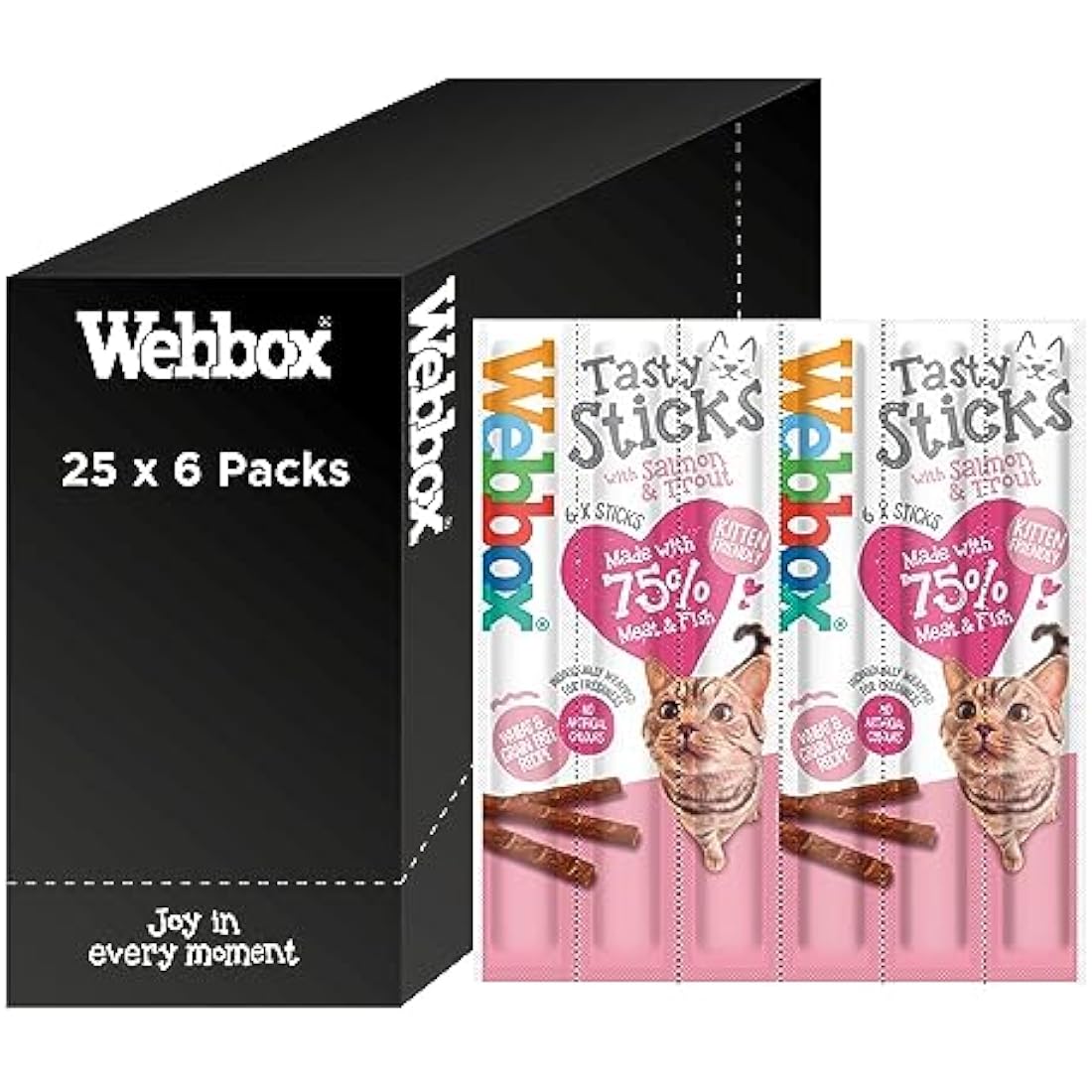 Webbox Tasty Sticks cat treats salmon and trout – 150 sticks grain-free, 75% meat, individually wrapped, kitten-friendly