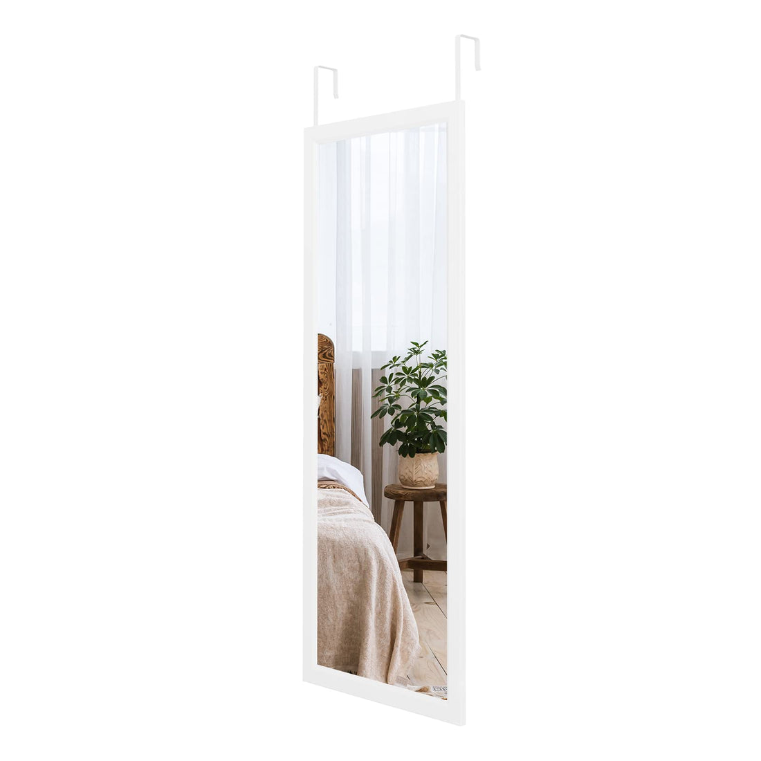 Dripex Full Length Over Door Mirror in White 110x45cm hung over a bedroom door in a bright, minimal flat