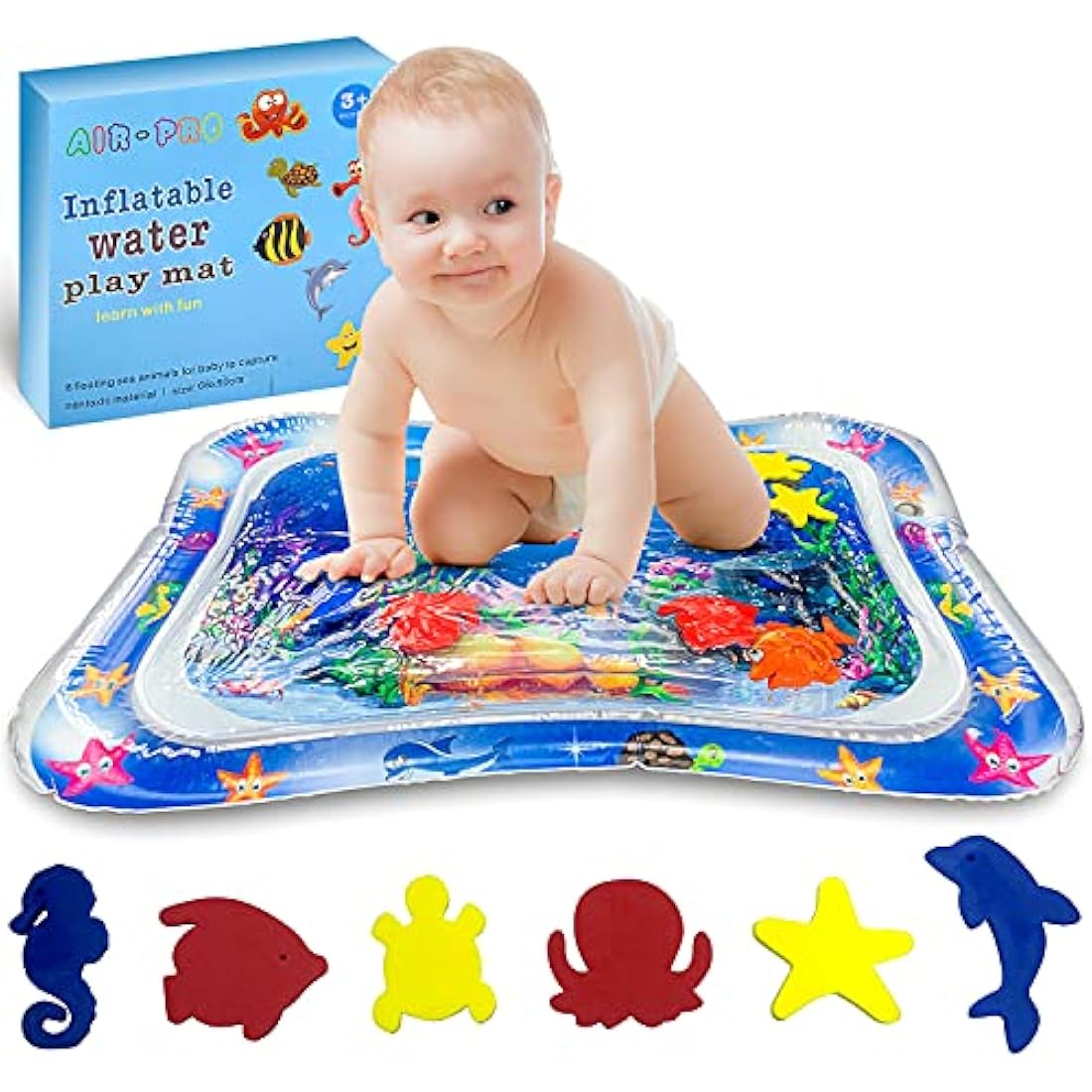 Inflatable tummy time water mat sensory baby play mat – colourful floating shapes for newborn infant development