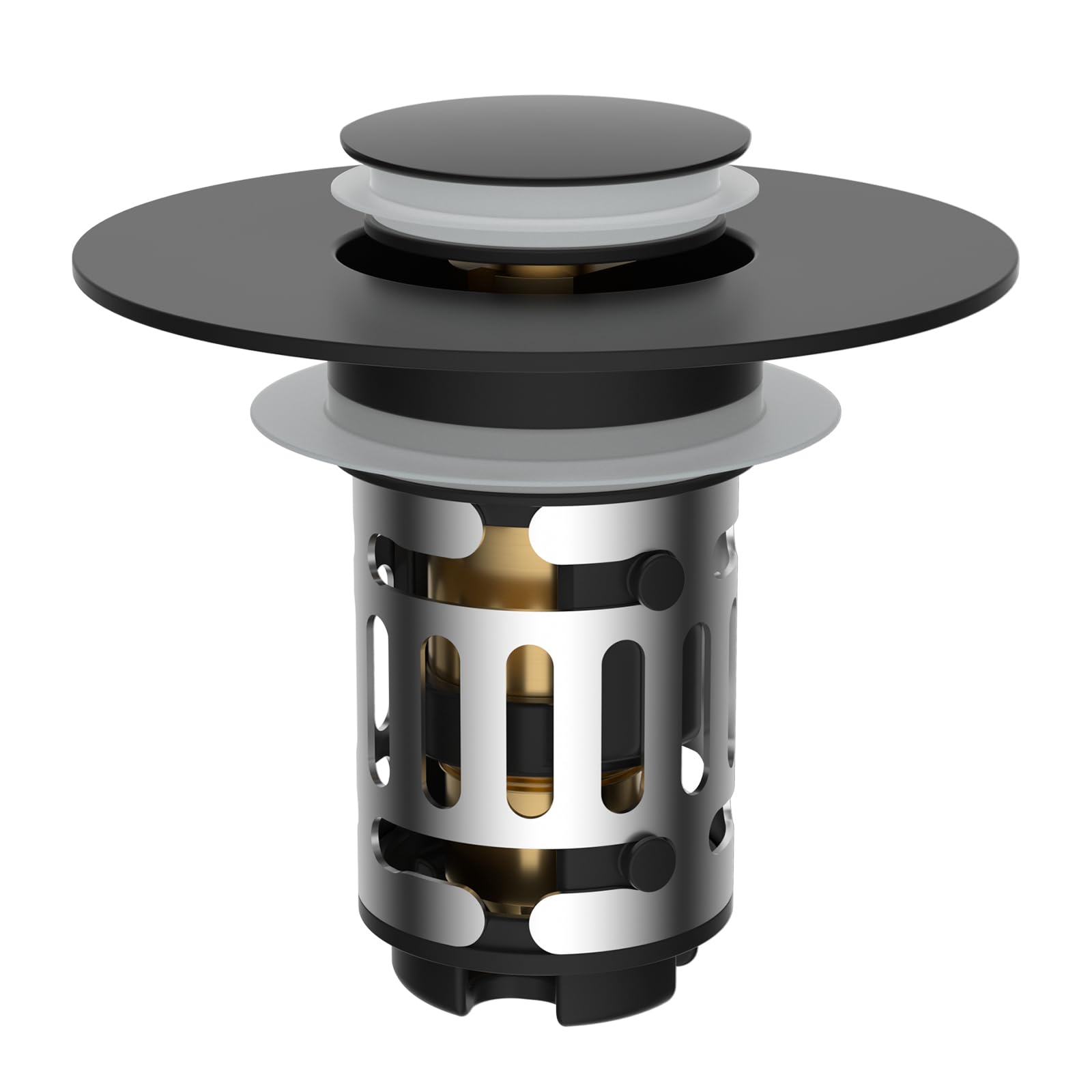 Hibbent Universal Pop-Up Sink Stopper with brass drain plug and strainer — push-button spring-loaded mechanism with removable filter basket, fits sink holes 25mm to 46mm with four rubber rings