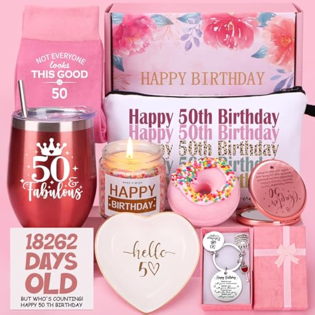 Jolof Store 50th Birthday Gift Hamper for Women — 10-piece spa pamper box showing rose gold wine tumbler, lavender candle, bath bomb and curated gift items beautifully presented
