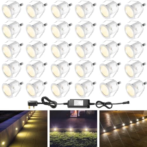 INDARUN warm white LED decking lights IP67 waterproof 30-pack – 12V plinth lights for terrace patio path wall and garden
