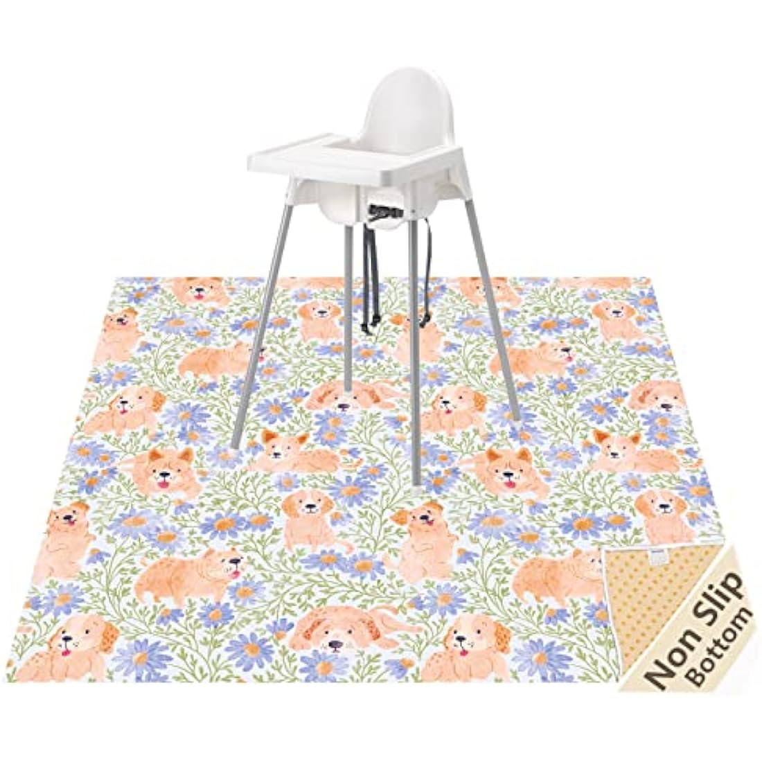51-inch waterproof non-slip Splat Mat spread under a high chair on a kitchen floor, protecting against food mess during baby mealtimes