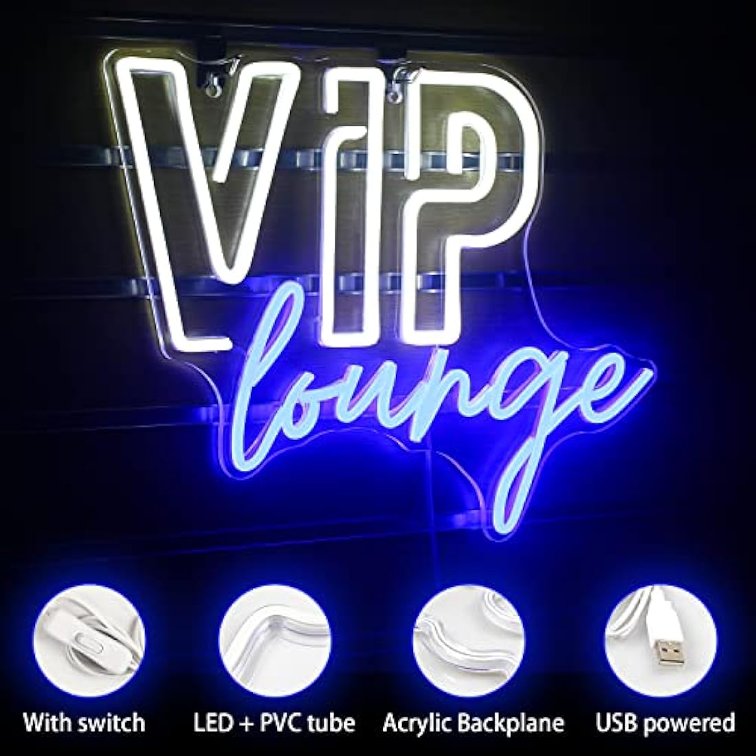 VIP Lounge LED Neon Sign in white and blue mounted on a wall — flexible LED neon strip on acrylic backplane with USB power and integrated on/off switch, creating an atmospheric glow for home lounge or bar decor