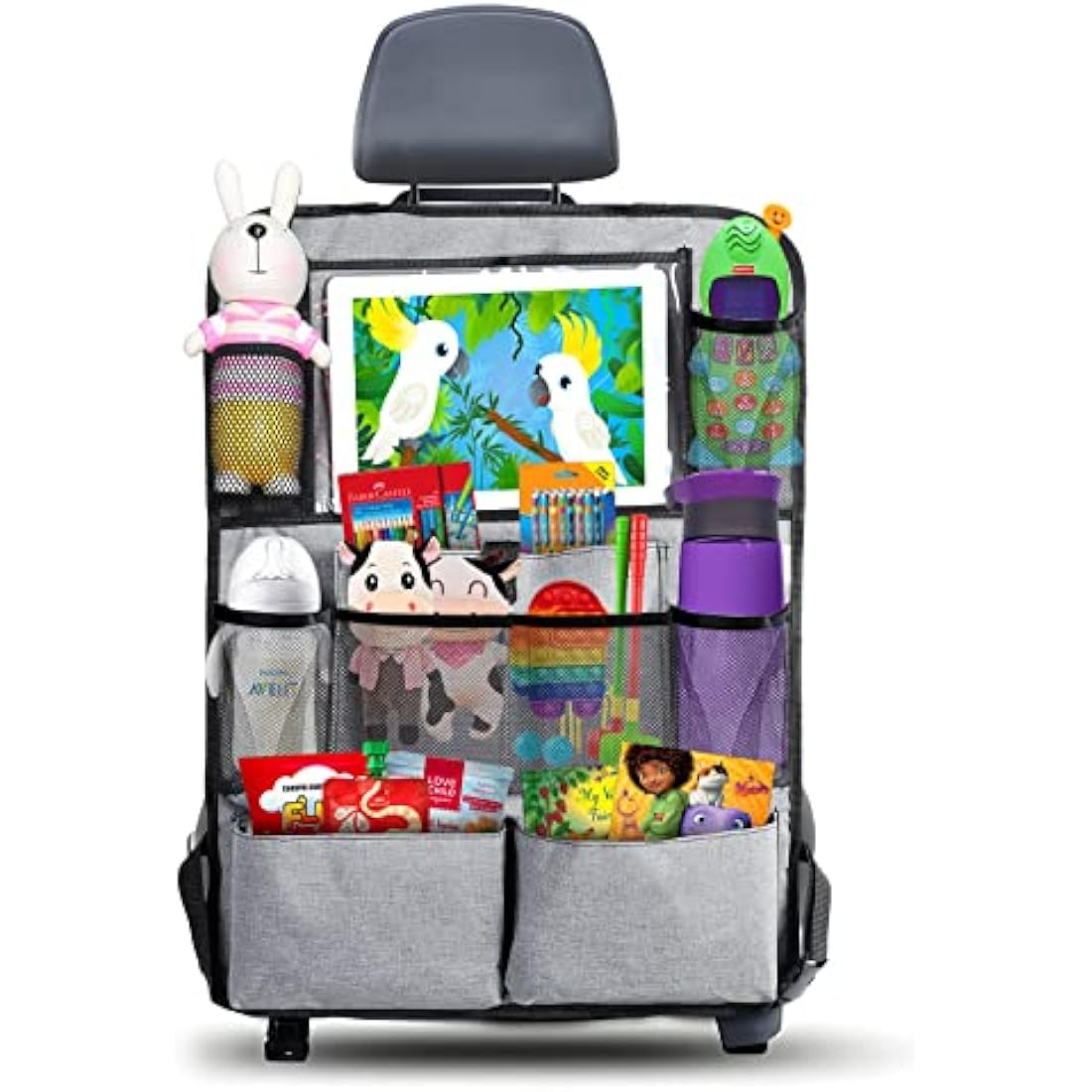 AiQInu Car Back Seat Organiser fitted to a car seat, showing multiple storage compartments and integrated tablet holder, waterproof Oxford cloth construction