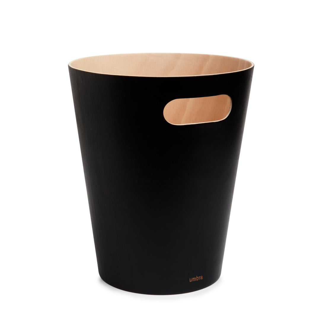 Umbra Woodrow 2 Gallon Modern Wooden Trash Can in black and natural wood finish showing the treated wood construction, integrated handles, open-top design and compact 7.5L capacity