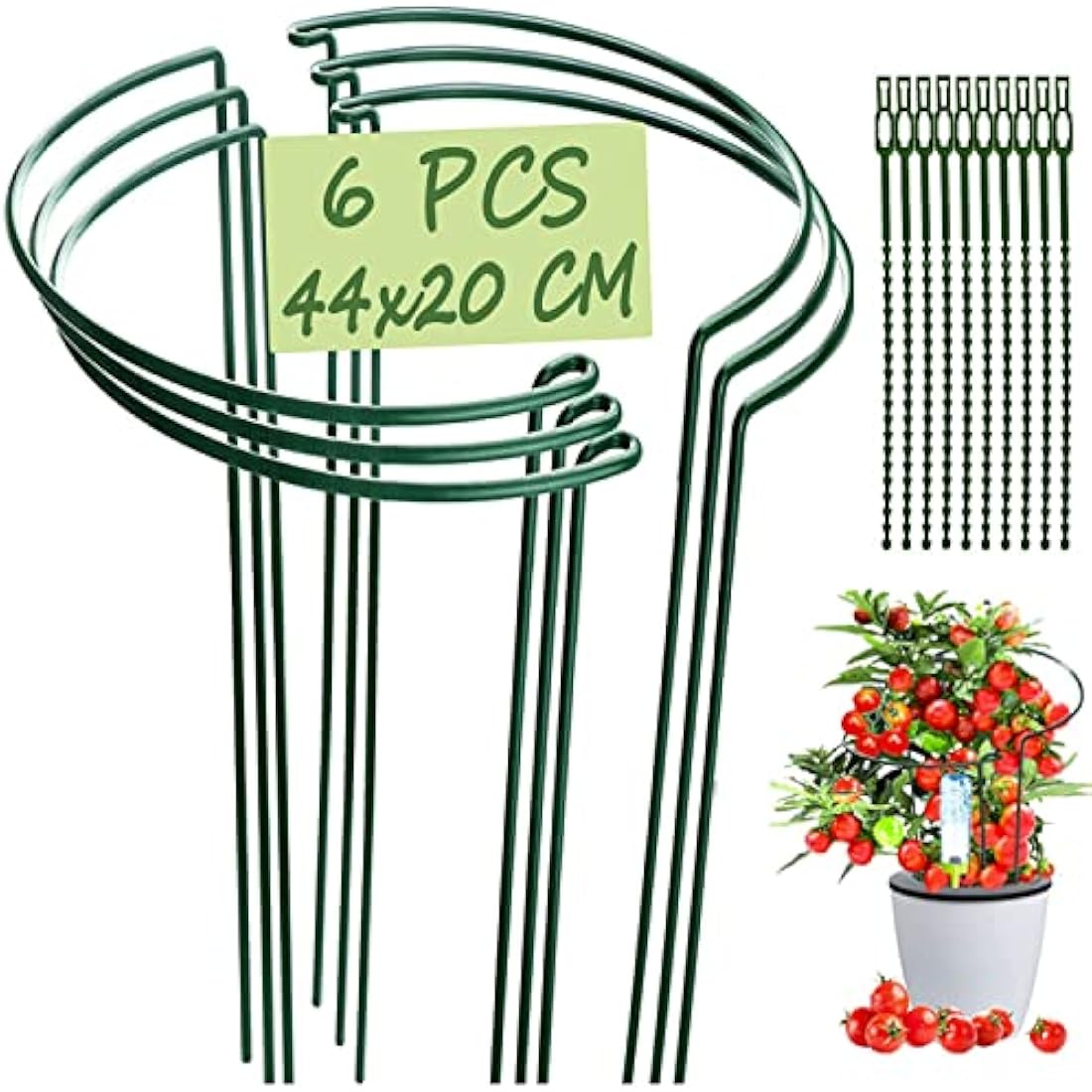 VLYHGO 6 pack half round metal plant support stakes 44x20cm shown in garden, green coated ring supports for border plants and flowers