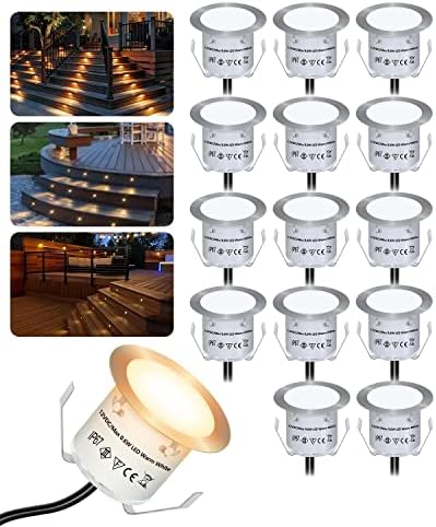 HIBOITEC 16Pcs LED Deck Lights IP67 Waterproof Warm White — 32mm stainless steel in-ground deck lights with 2800K-3200K warm white glow, installed in decking for outdoor garden lighting