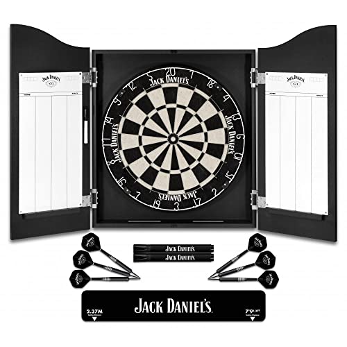 Jack Daniel's officially licensed darts home centre black cabinet with dartboard 6 brass darts scoring panels floor oche