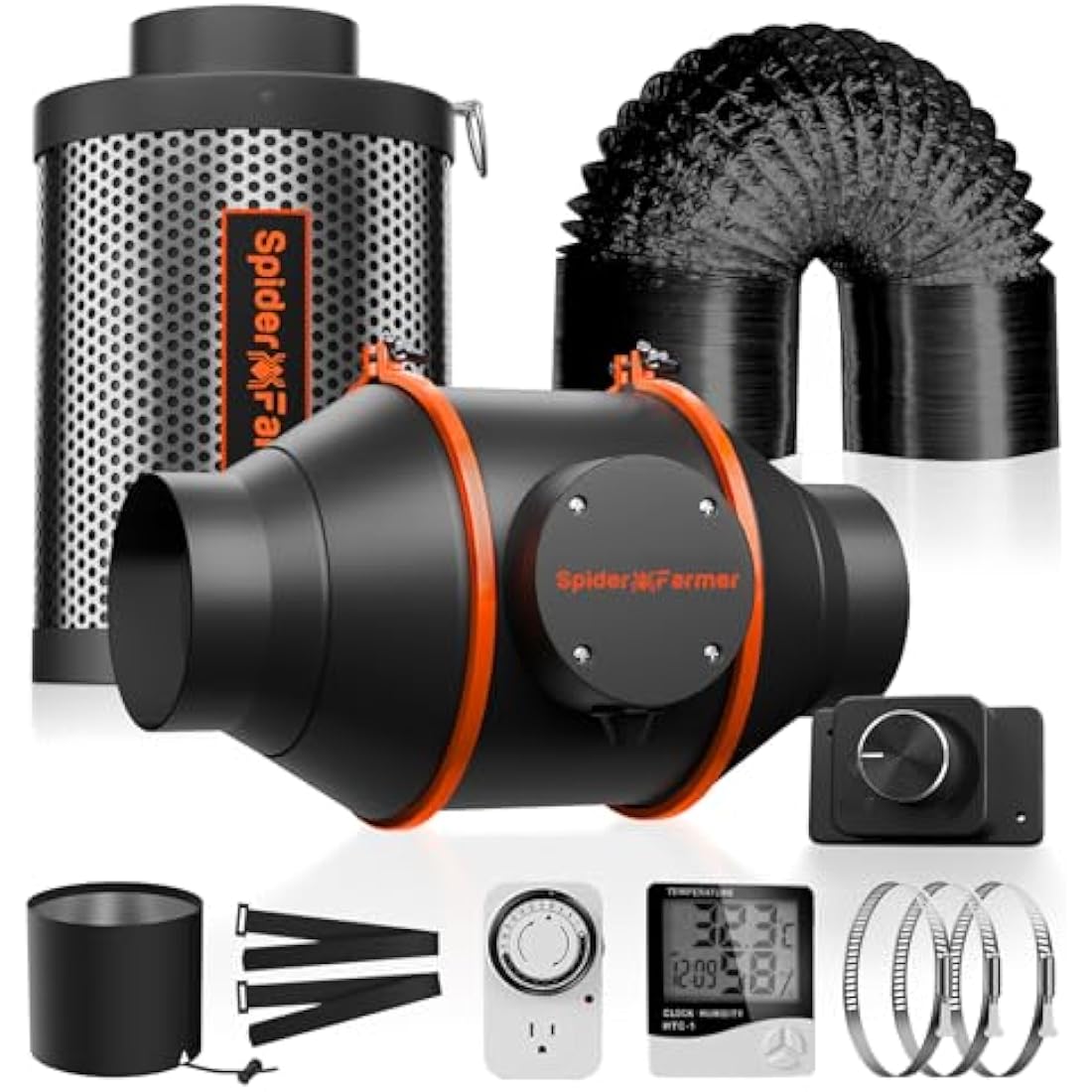 Spider Farmer 4 inch air filtration kit with inline EC fan carbon filter and 25ft ducting for grow tents hydroponics