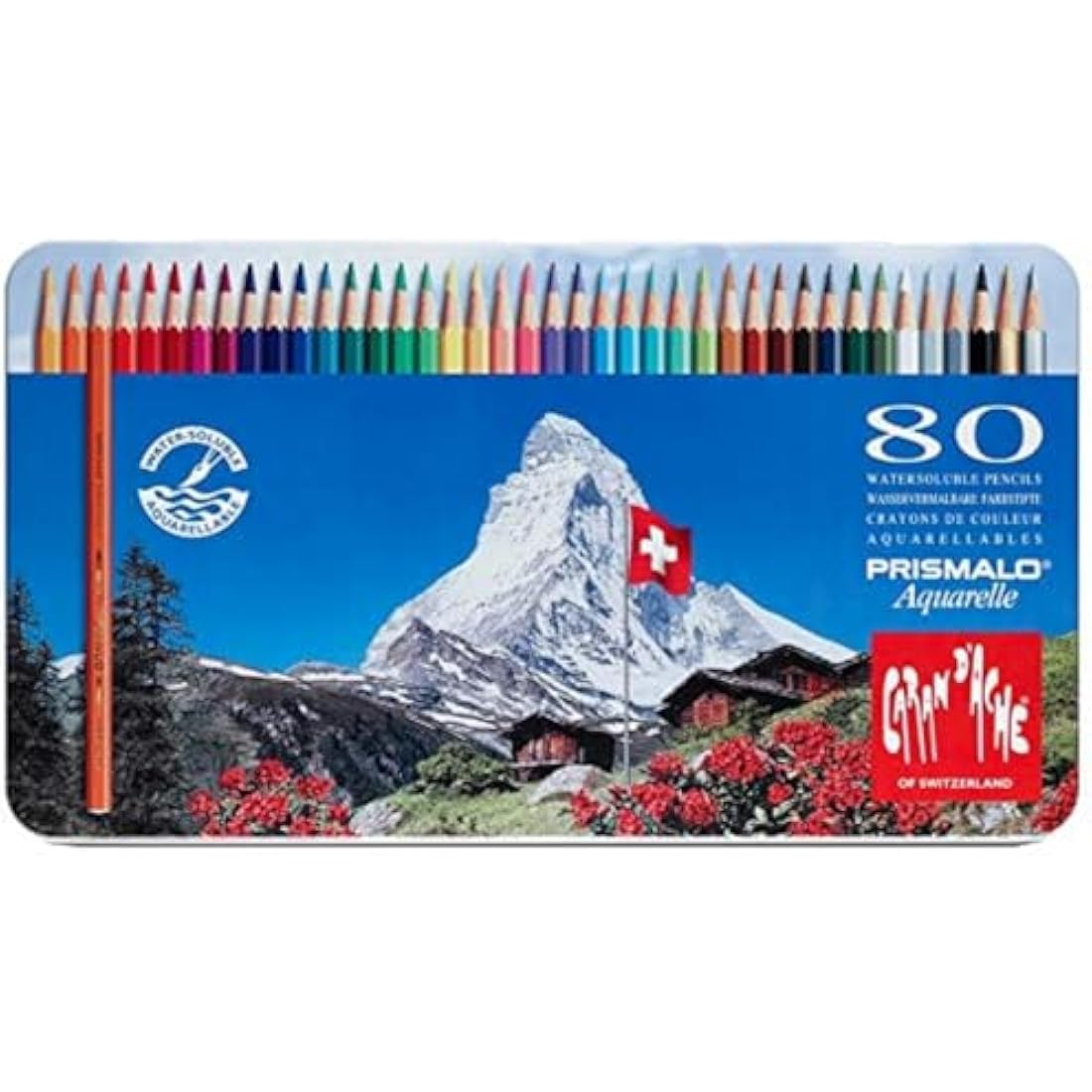 Caran d'Ache Prismalo Watercolor Pencils 80 Assorted Colours Tin – the world's first water-soluble coloured pencils since 1931, hard 3mm core for precise detailed drawing, high-quality pigments with excellent water resistance for dry and wet techniques