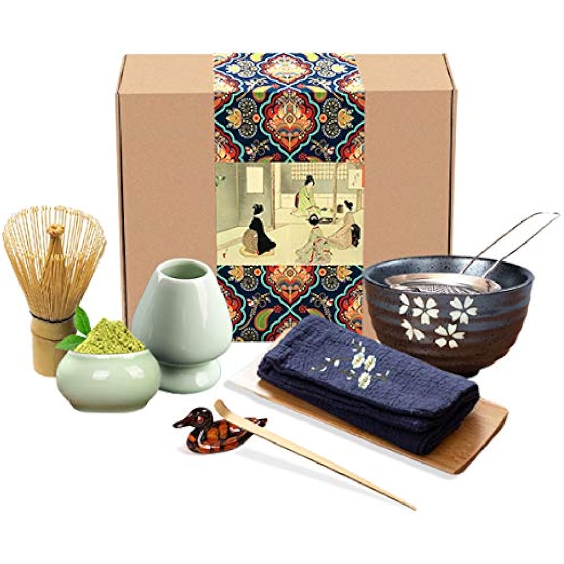 Artcome 9-Piece Japanese Matcha Tea Set — complete ceremony kit with bamboo whisk, traditional scoop, ceramic bowl, whisk holder, matcha caddy, strainer, tea cloth and holders in 100% natural bamboo