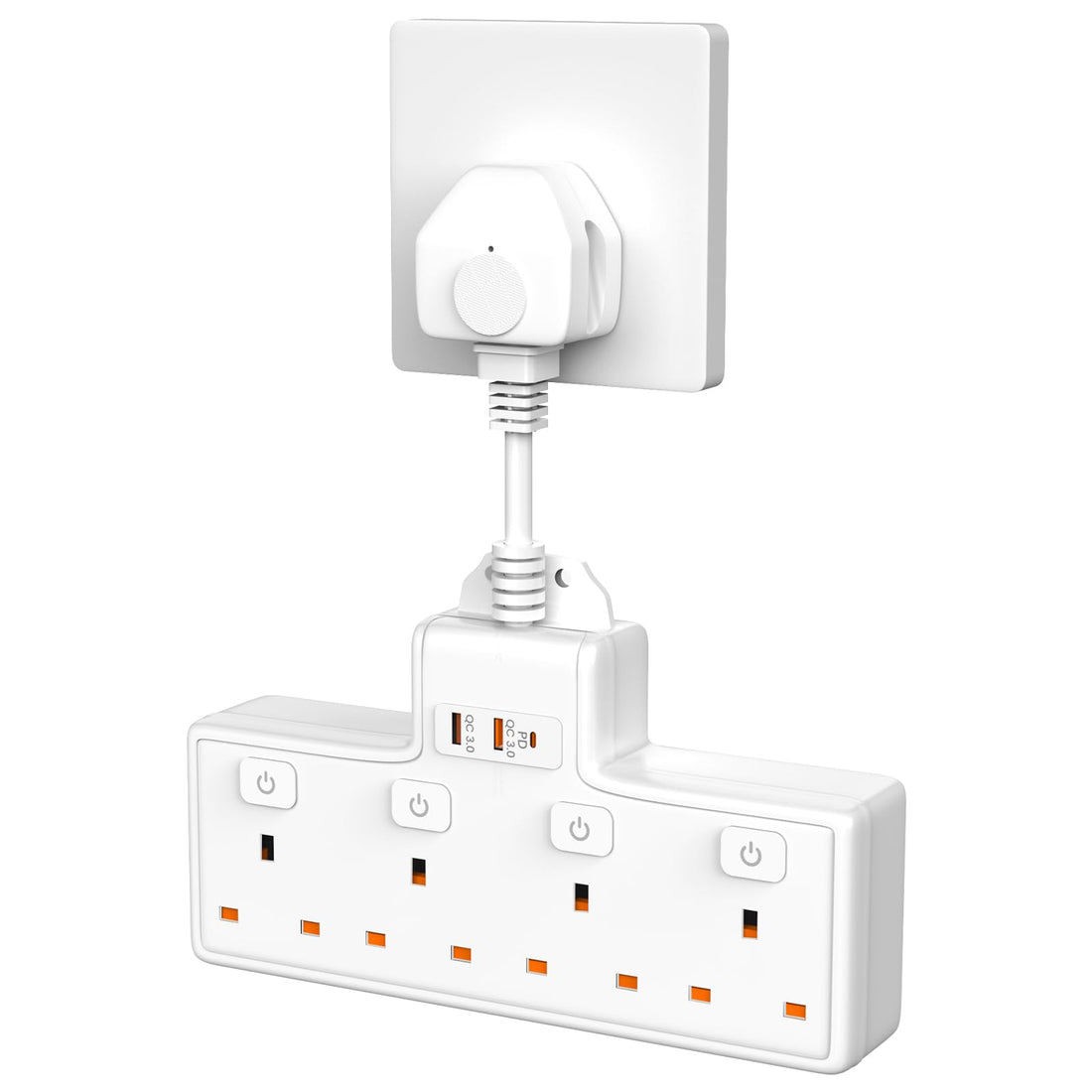 4-way multi plug adaptor PD20W USB-C 3 USB ports UK wall adaptor home office charging hub compact
