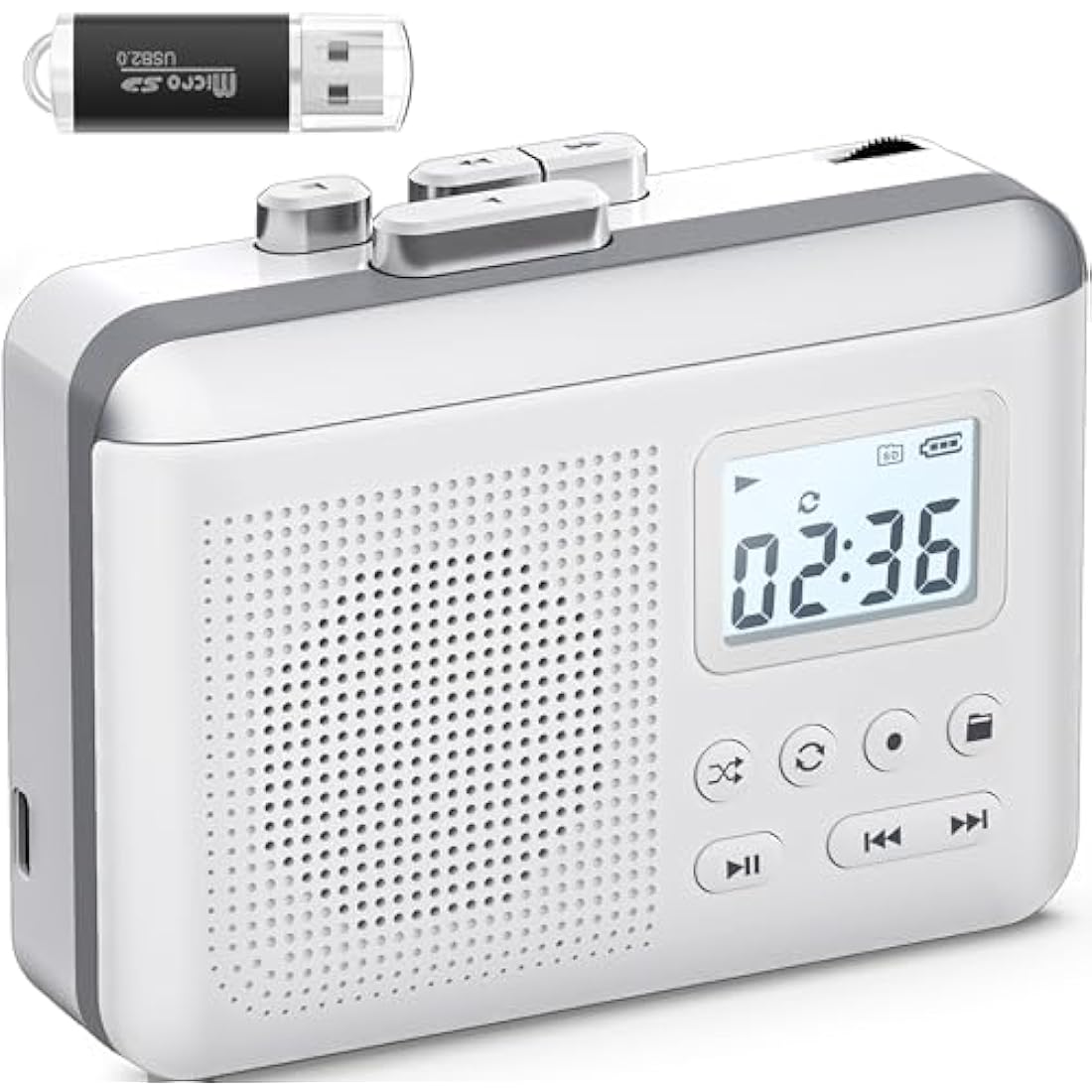 Gracioso Portable Cassette Player and Tape to MP3 Converter with SD Card – compact rechargeable walkman with built-in speaker, 3.5mm headphone jack and 16GB SD card for digitising cassette tapes