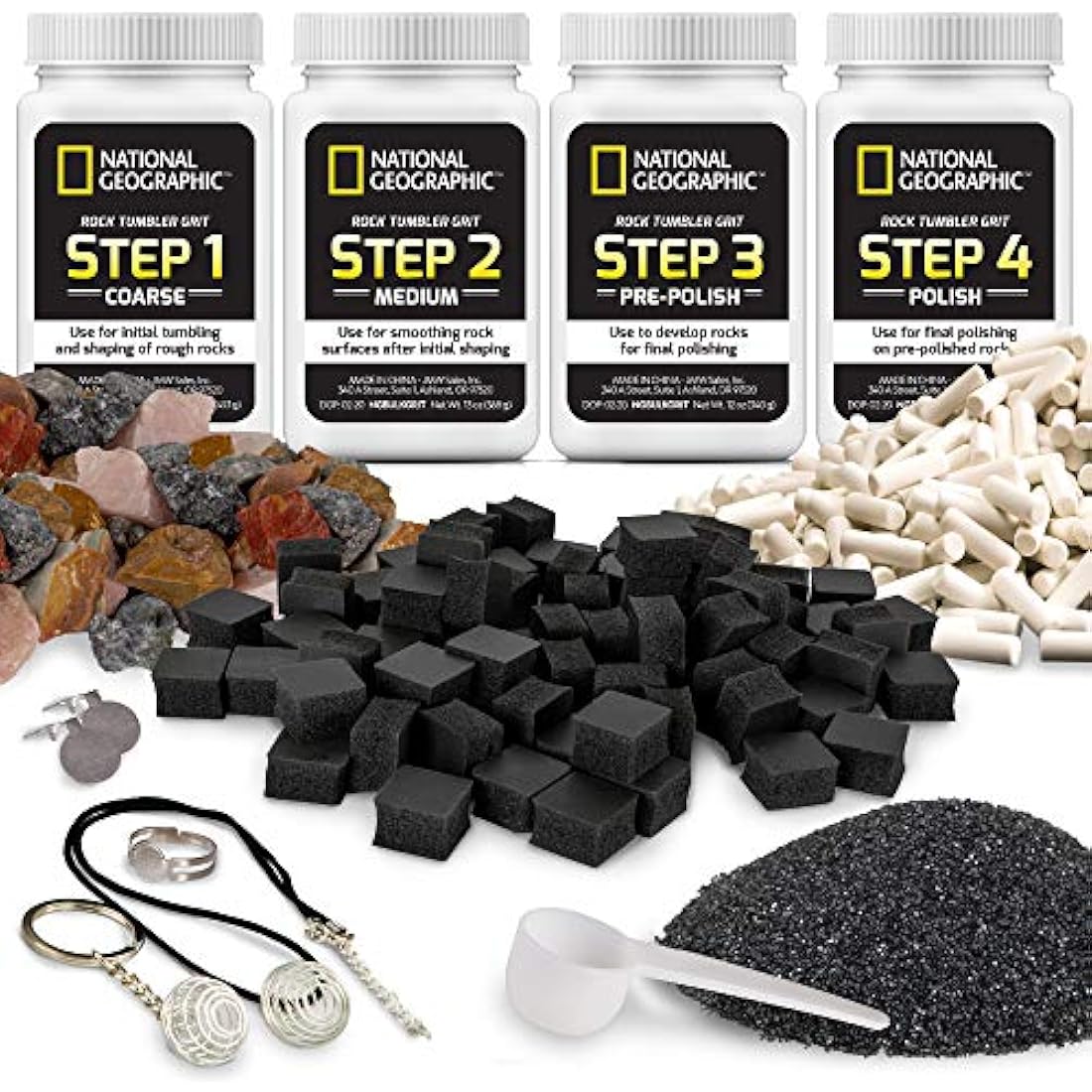 National Geographic Rock Tumbler Refill Kit 1.36kg Madagascar rocks with silicon carbide grit, ceramic media and GemFoam