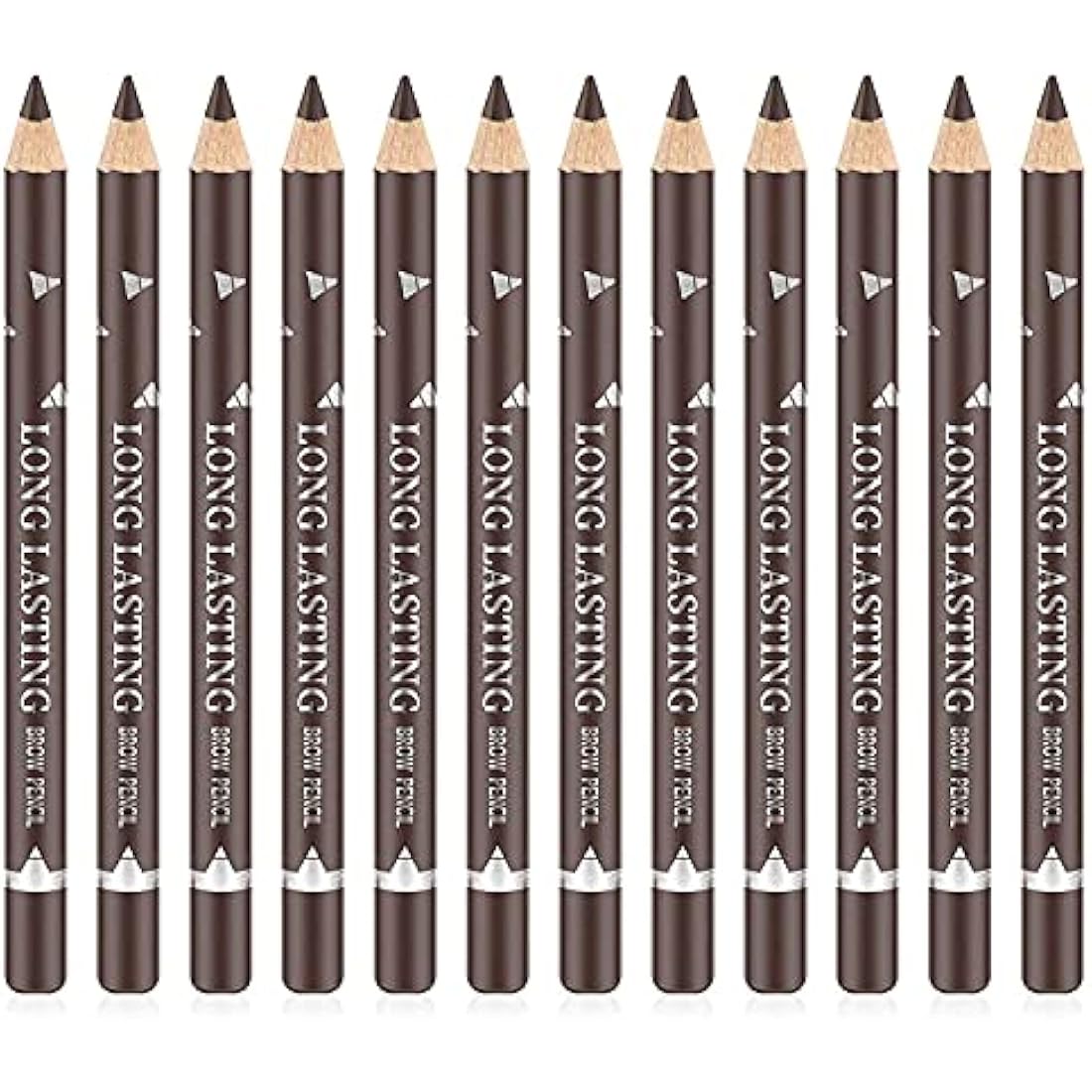 Go Ho 12-piece dark brown eyebrow and eyeliner pencil set laid out showing all pencils in the waterproof makeup collection