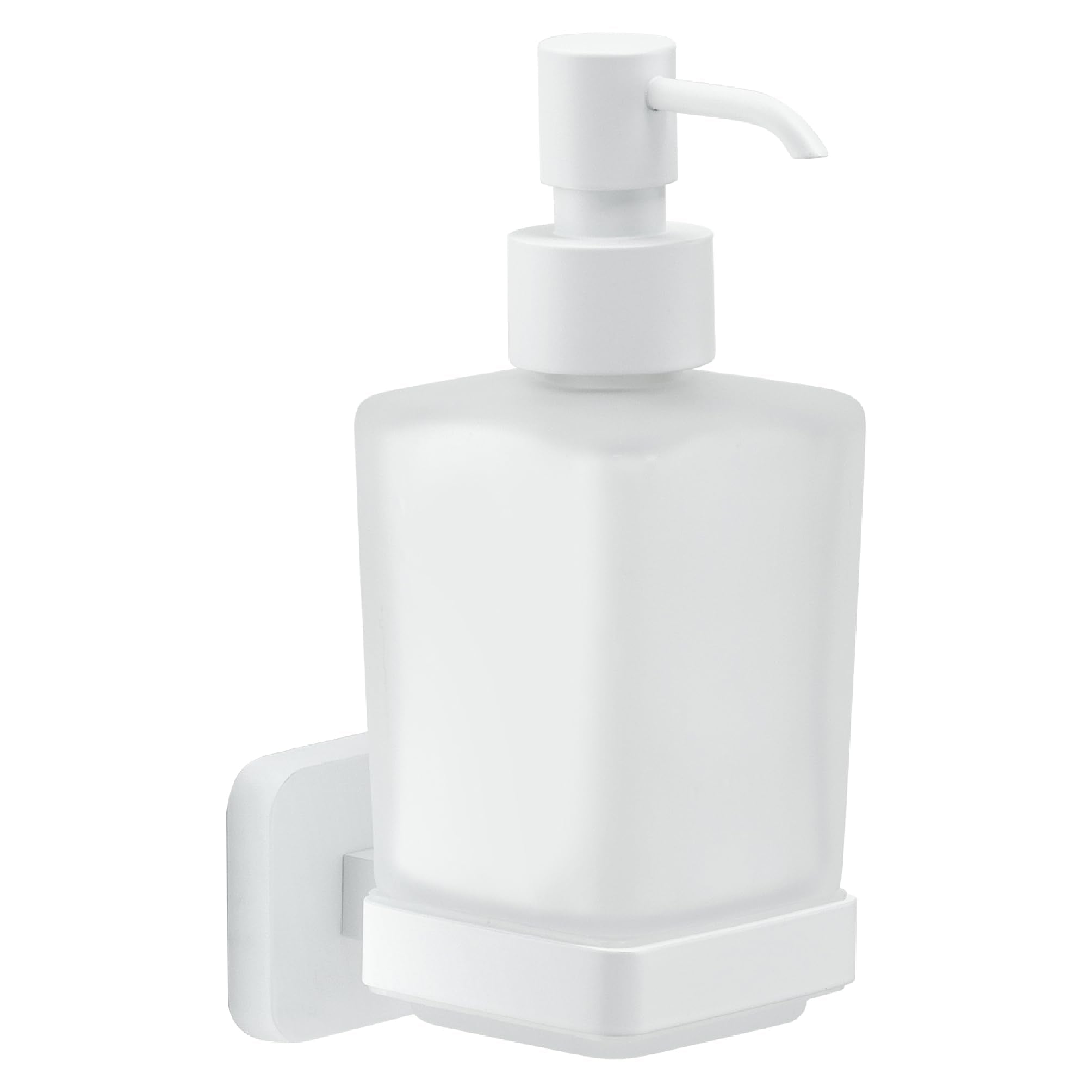 Gedy Tonga Wall Mounted Soap Dispenser in matte white stainless steel with satin glass container mounted on a white bathroom tile wall
