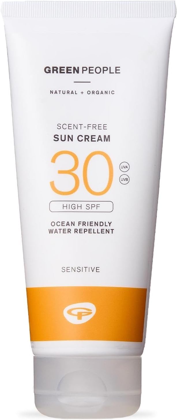 Green People SPF30 Scent Free Sun Cream 100ml — organic sunscreen for sensitive skin with 59% certified organic ingredients including aloe vera green tea and edelweiss, reef-safe and cruelty-free