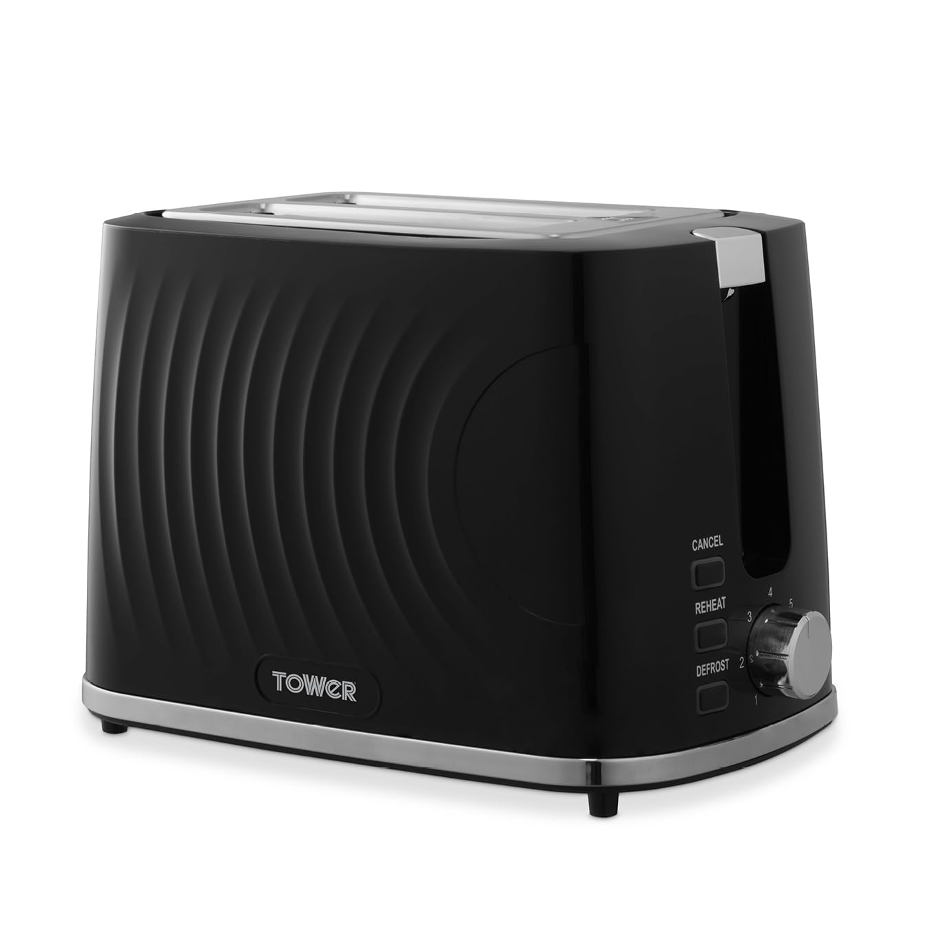 Tower Sonar 2-Slice Toaster 900W in black with 7 browning levels defrost reheat and cancel settings shown on a kitchen counter with removable crumb tray visible