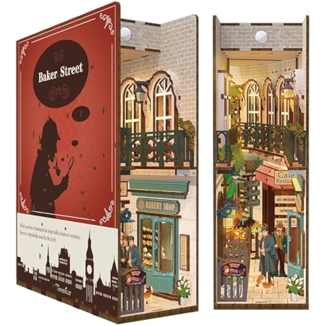 Tonecheer Sherlock Holmes DIY book nook kit 3D wooden miniature 221B Baker Street sensor LED lighting craft