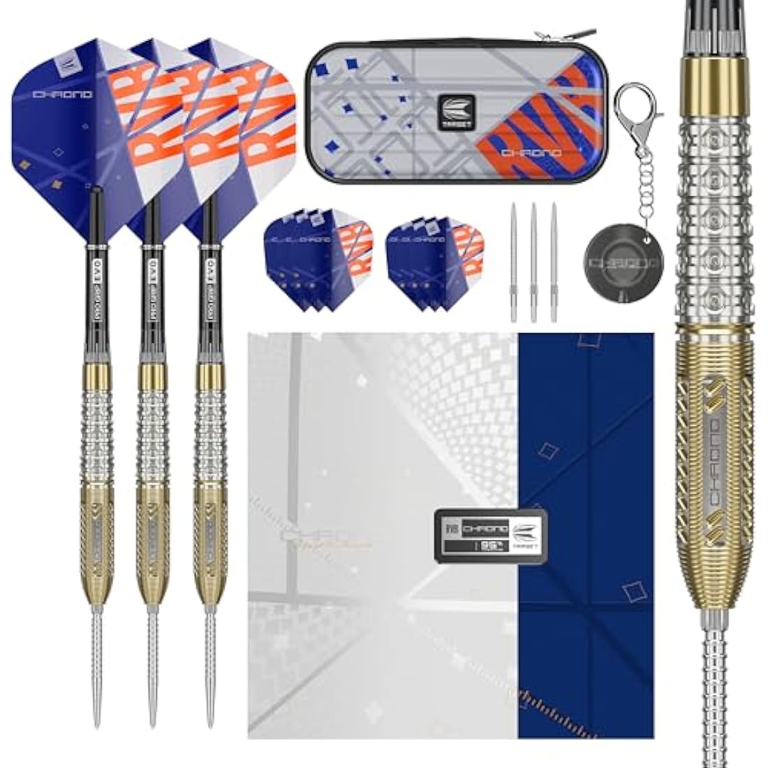 Target Darts RVB Chrono 95% tungsten steel tip Swiss point dart set – Takoma wallet, Pro Ultra flights, 21g 23g 25g