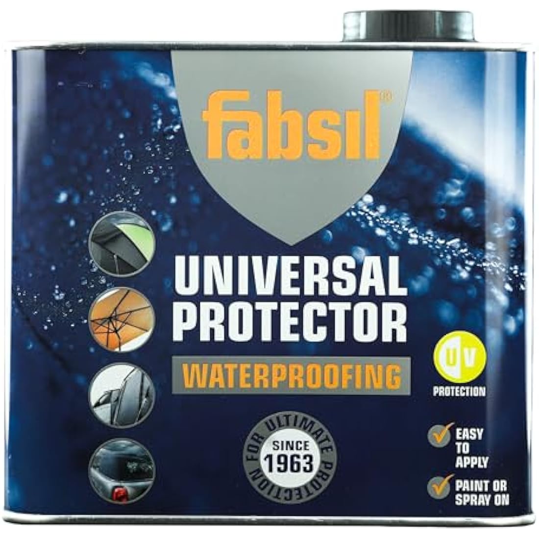 Fabsil +UV Water Proofer 2.5L bottle showing the silicone-based fabric sealant with UV protection for tents outdoor gear and waterproof fabrics