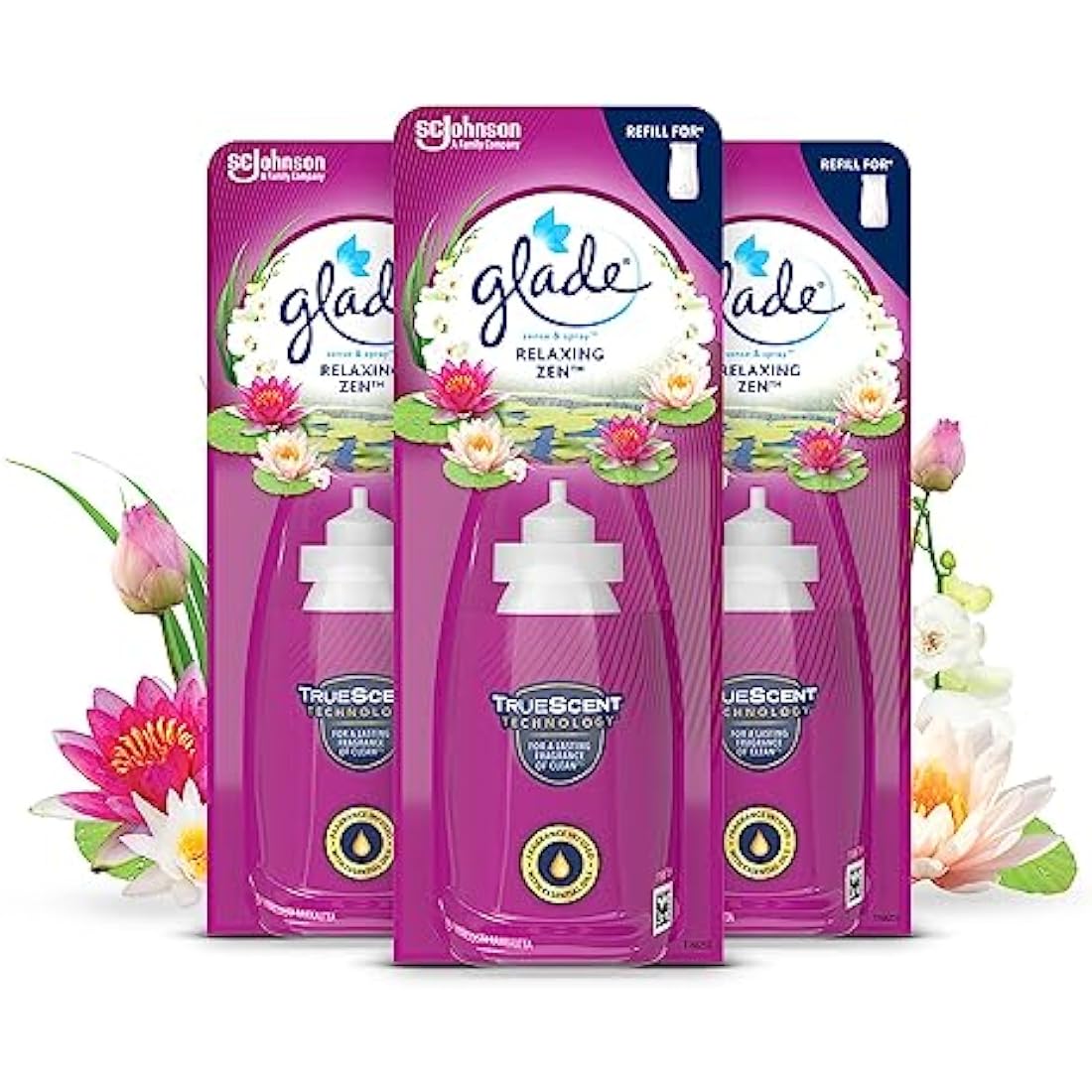 Glade Sense and Spray Refill Relaxing Zen Motion Air Freshener 3 Pack – showing three 18ml refill canisters with citrus jasmine amber and vanilla bean fragrance blend packaging